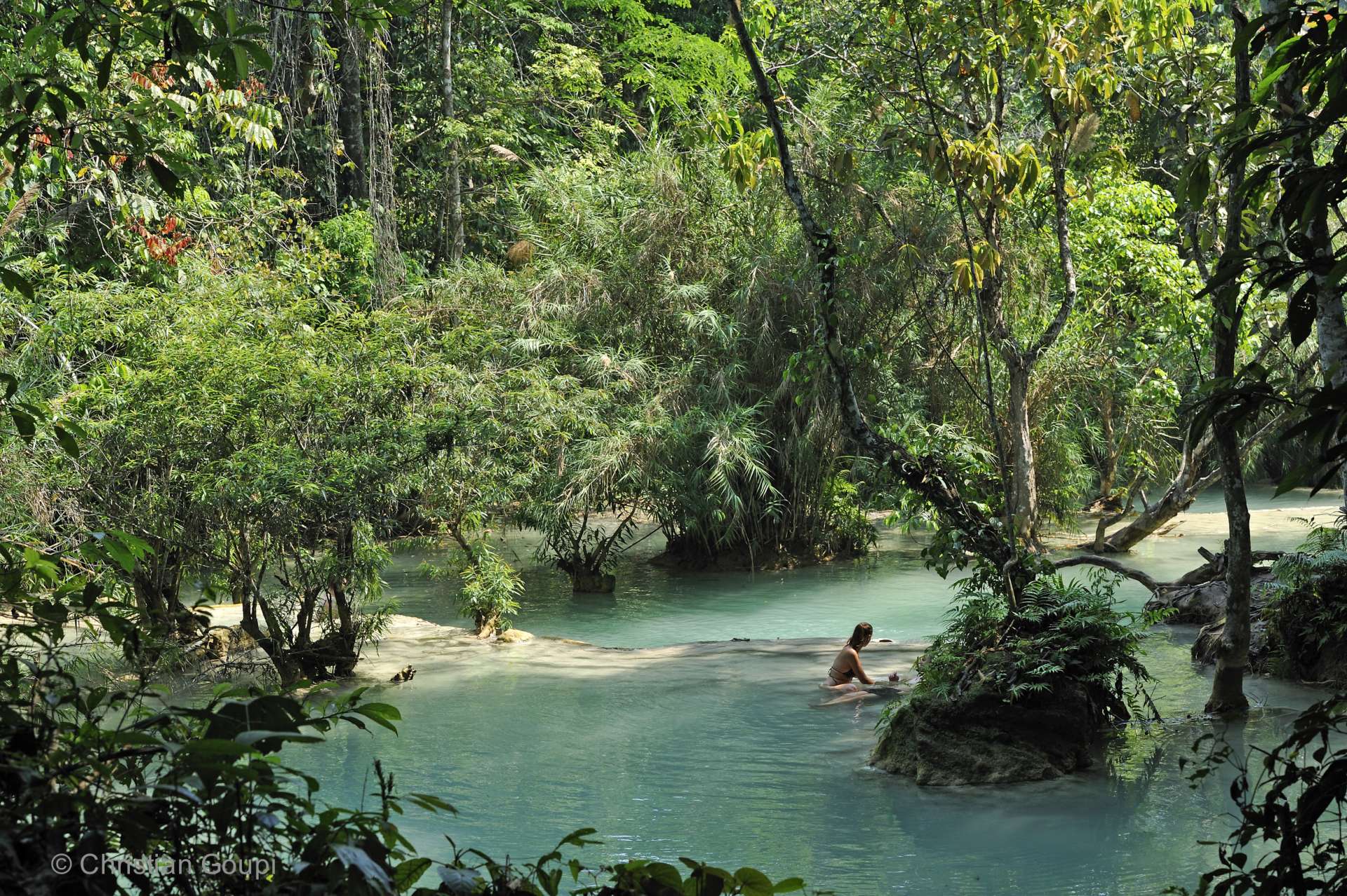 Laos - Baignade idyllique au pied des chutes de Kuang Si, à quelques kilomètres de Luang Prabang.